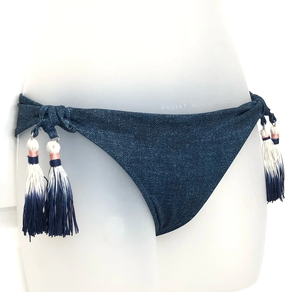 H&M Jean Print Bandeau Zip Bikini Top & Tassle Bikini Bottom - Picture 5 of 7